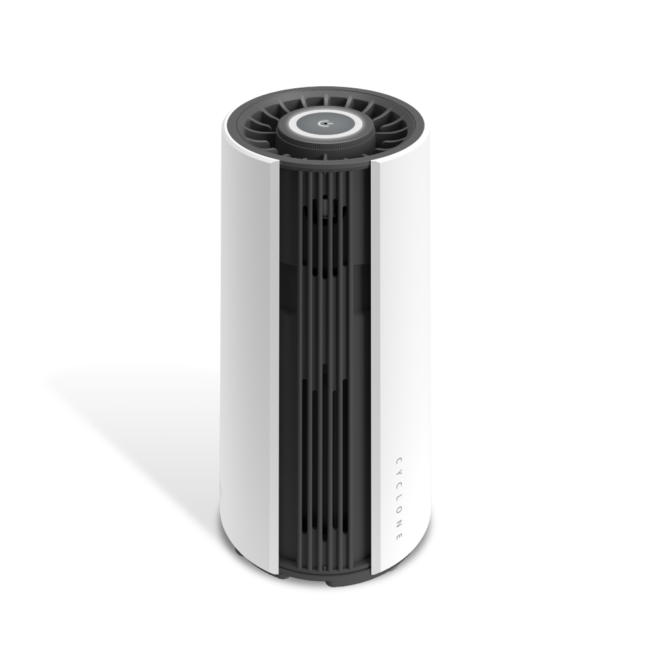 Cyclone Mini Air Purifier Showing the white front side with black vents